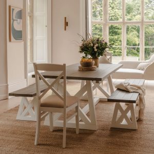1.6m Extendable Dining Table with 2 Benches – White & Grey Finish