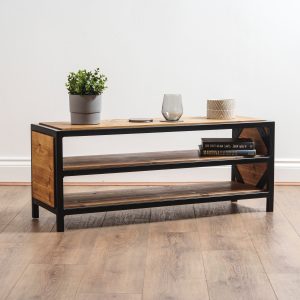 Rustic Industrial Coffee Table with Middle Shelf – Box Steel Frame