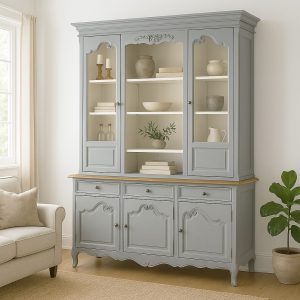 Large French-Style Glazed Display Cabinet – Distressed Painted Finish