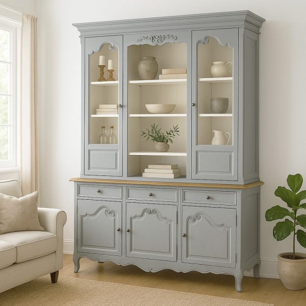 Large French-Style Glazed Display Cabinet – Distressed Painted Finish