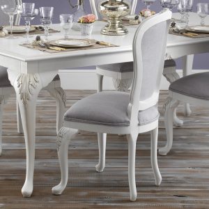 French-Style Upholstered Dining Chair – Antique White & Light Grey Linen