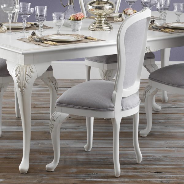 French-Style Upholstered Dining Chair – Antique White & Light Grey Linen